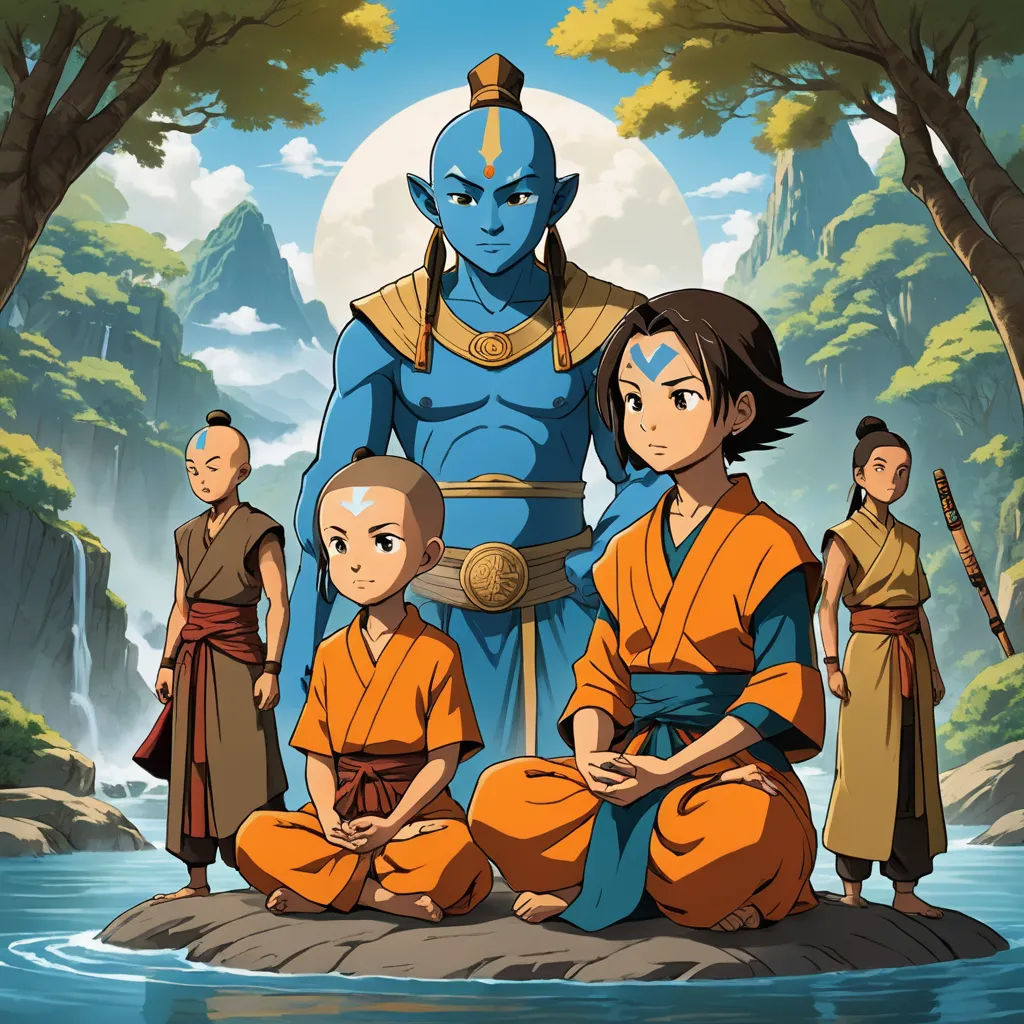 avatar of avatars sitting on a rock in a river with a man in the background and a woman standing in the water, dau-al-set, poster art, ESAO, promotional image