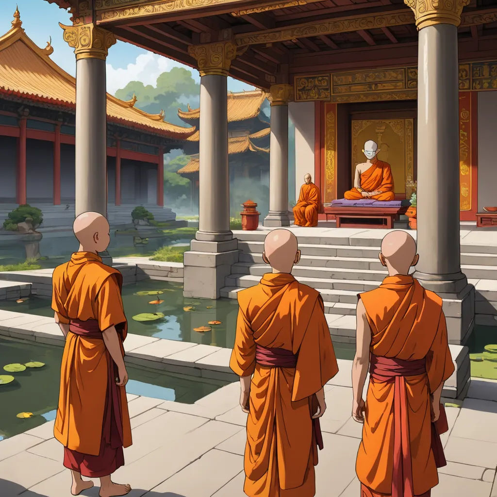 a group of monks standing in front of a pond in a temple with a monk statue in the background, fantasy art, a detailed matte painting, Christophe Vacher, official art