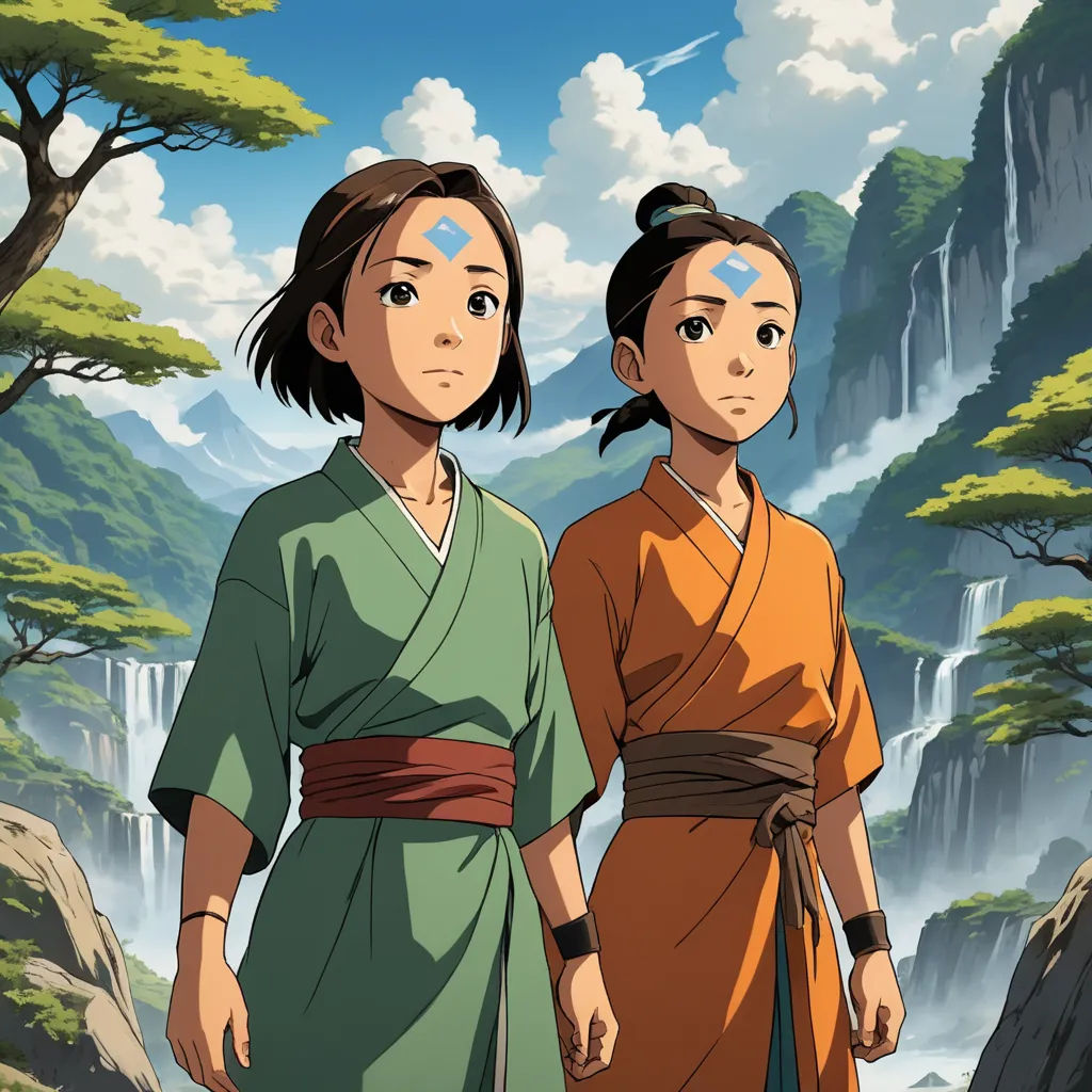 two people standing in front of a waterfall in a cartoon style, with a waterfall in the background and a waterfall in the foreground, cloisonnism, concept art, Baiōken Eishun, official art