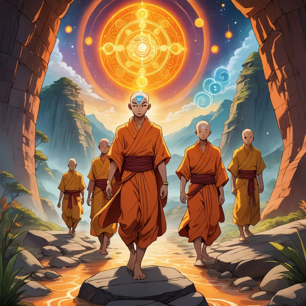 a group of monks walking through a tunnel with a golden sun in the background and a sky with clouds, rayonism, poster art, Alex Grey, official art