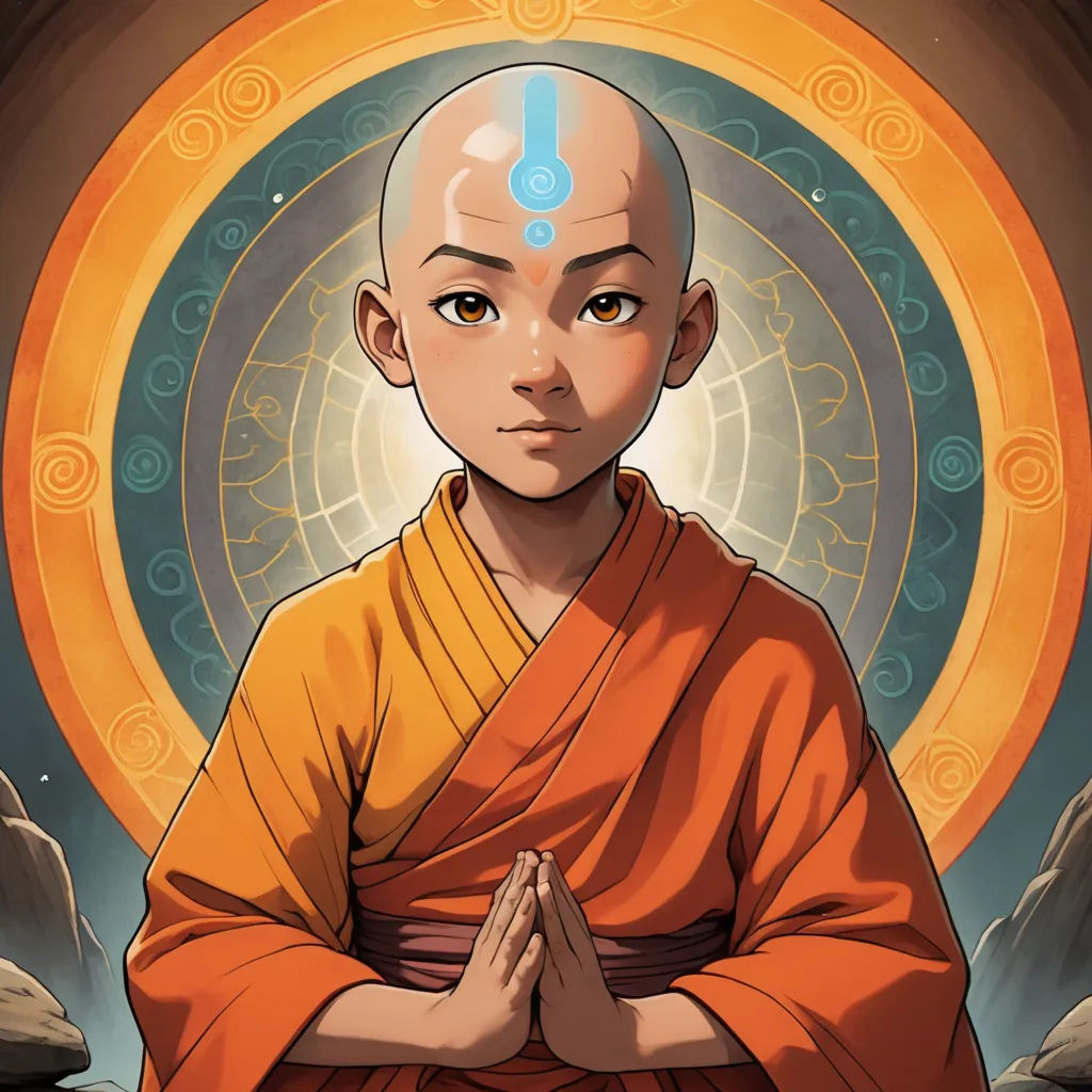 a cartoon of a monk with a question mark on his forehead and hands folded in front of him, with a background of rocks and a circular light, cloisonnism, a character portrait, Aaron Jasinski, yukito kishiro