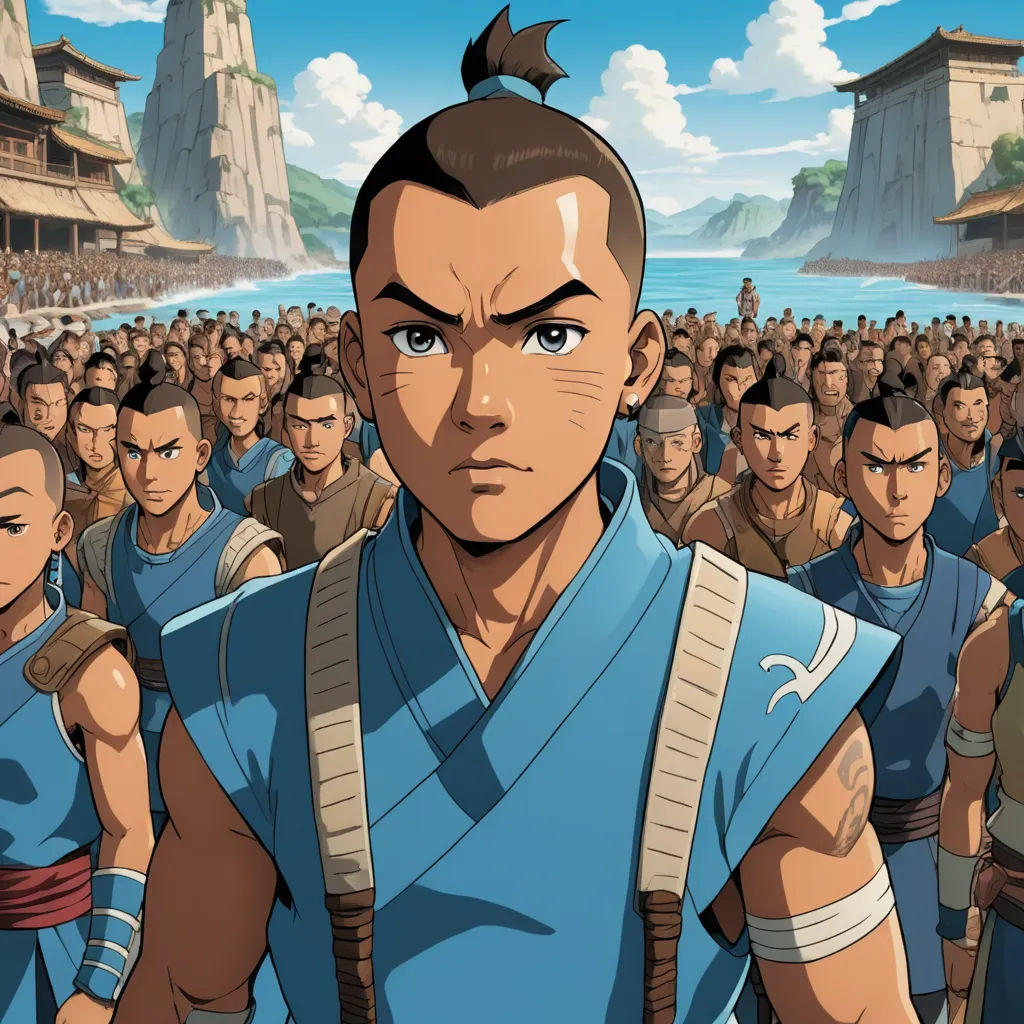 a cartoon of a man in a blue shirt surrounded by other men in blue uniforms and mountains in the background, dau-al-set, concept art, Baiōken Eishun, official art