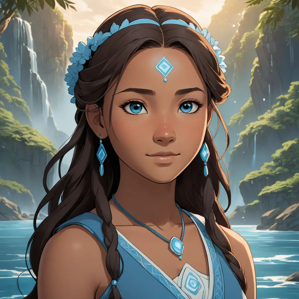 a girl with long hair and blue eyes standing in front of a waterfall and a waterfall background with trees, fantasy art, a character portrait, Ella Guru, fantasy character portrait