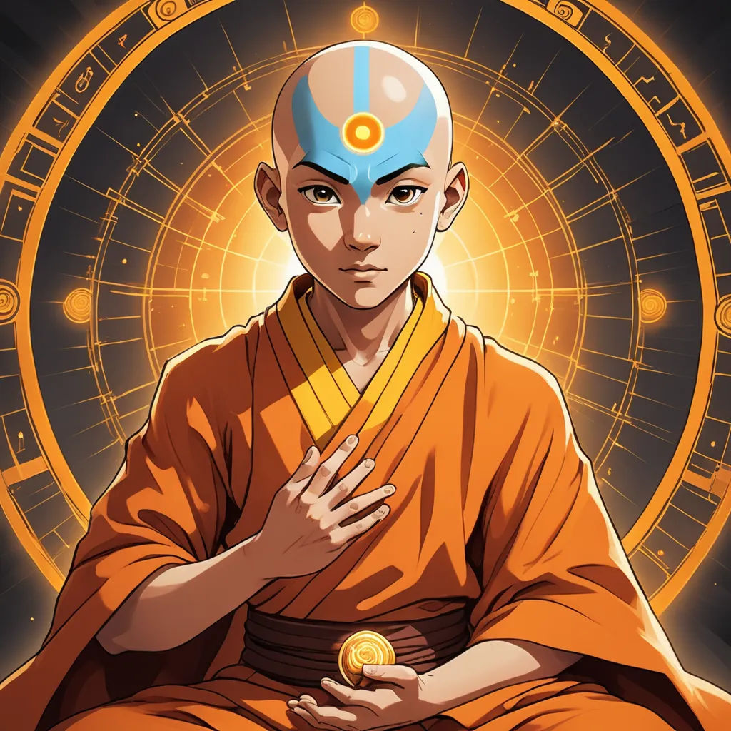 a man in a orange robe with a golden coin in his hand and a golden circle around him with a golden light, rayonism, a character portrait, Du Jin, official art