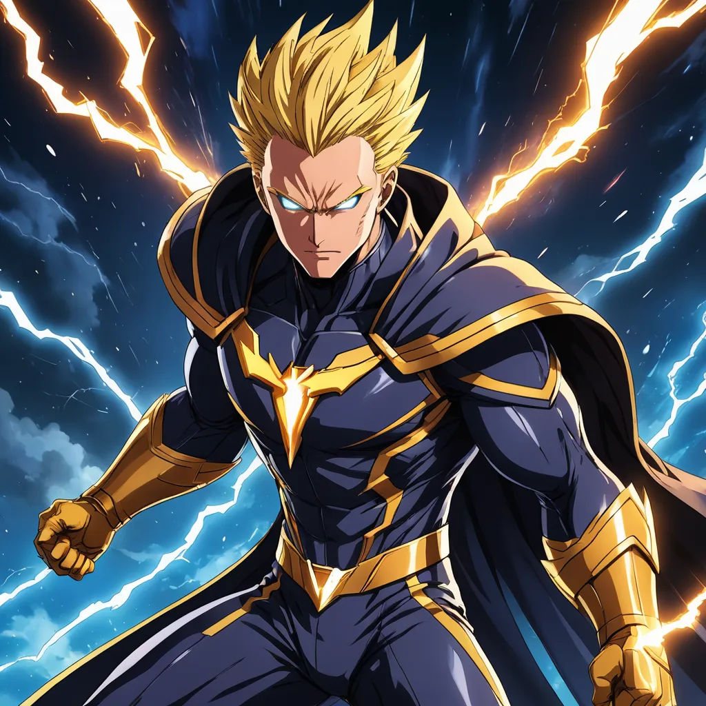 a man in a blue and gold outfit with lightning behind him and a lightning behind him, in the background, rayonism, poster art, Adam Manyoki, official art