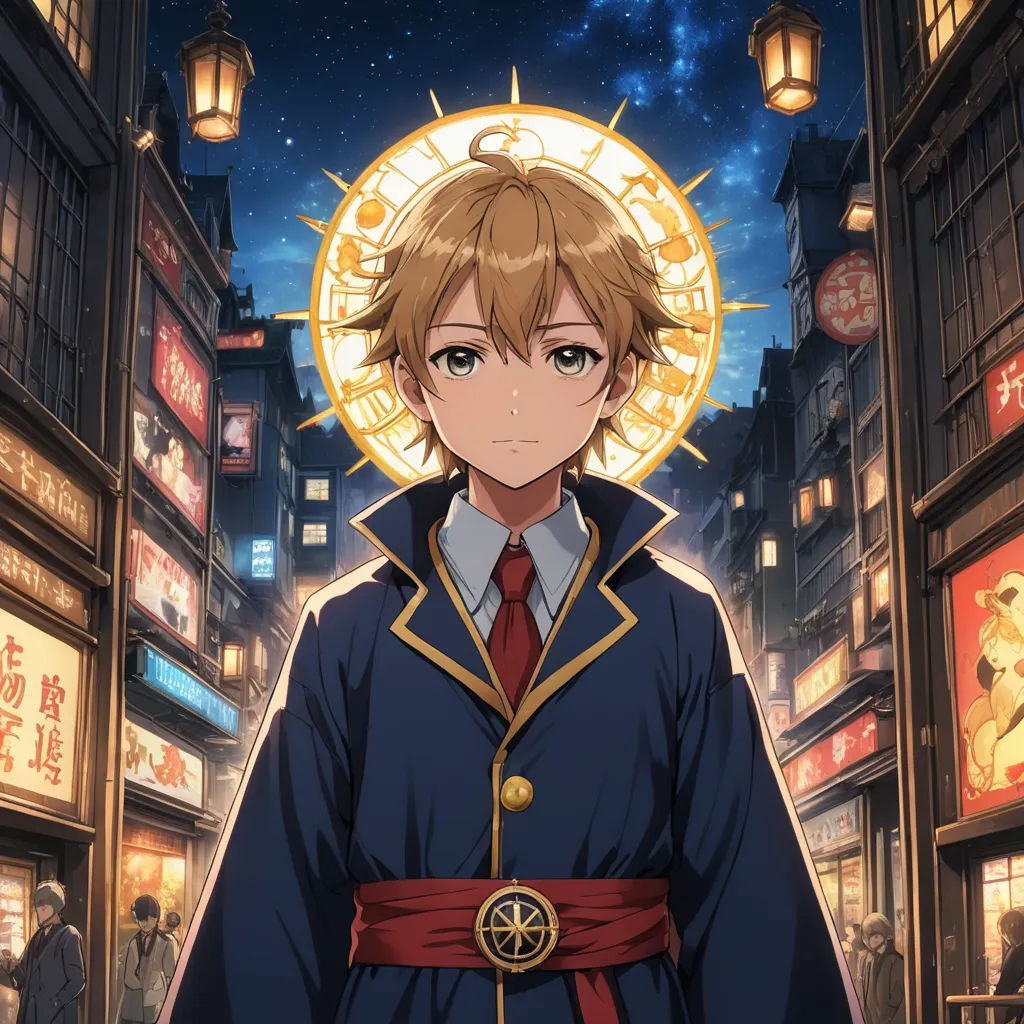 a man in a blue coat and red tie standing in front of a city street at night with a clock on the wall, rayonism, concept art, Ai-Mitsu, official art