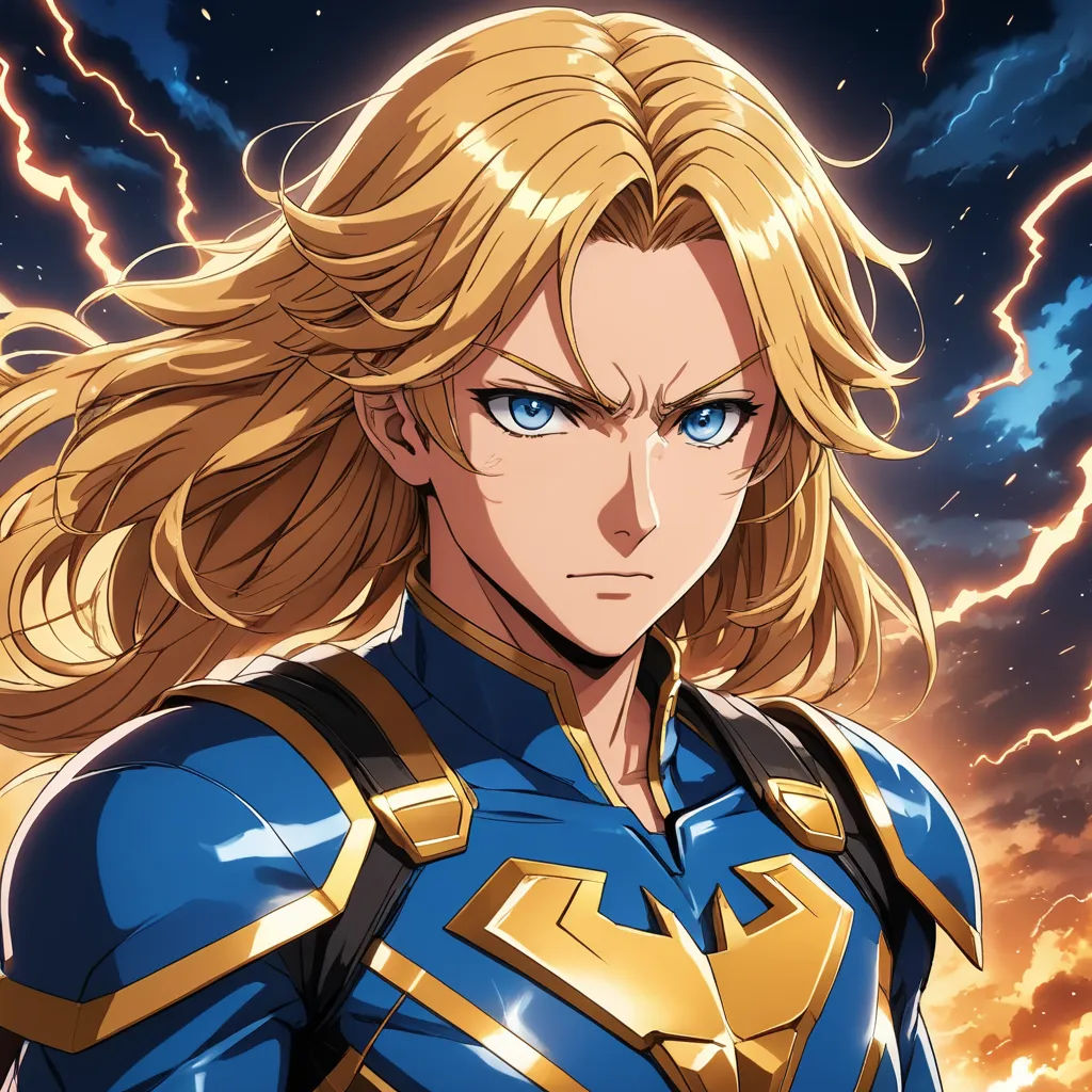 a man in a blue suit with lightning in the background and clouds in the background, with a lightning bolt in the foreground, rayonism, a character portrait, Andor Basch, official art