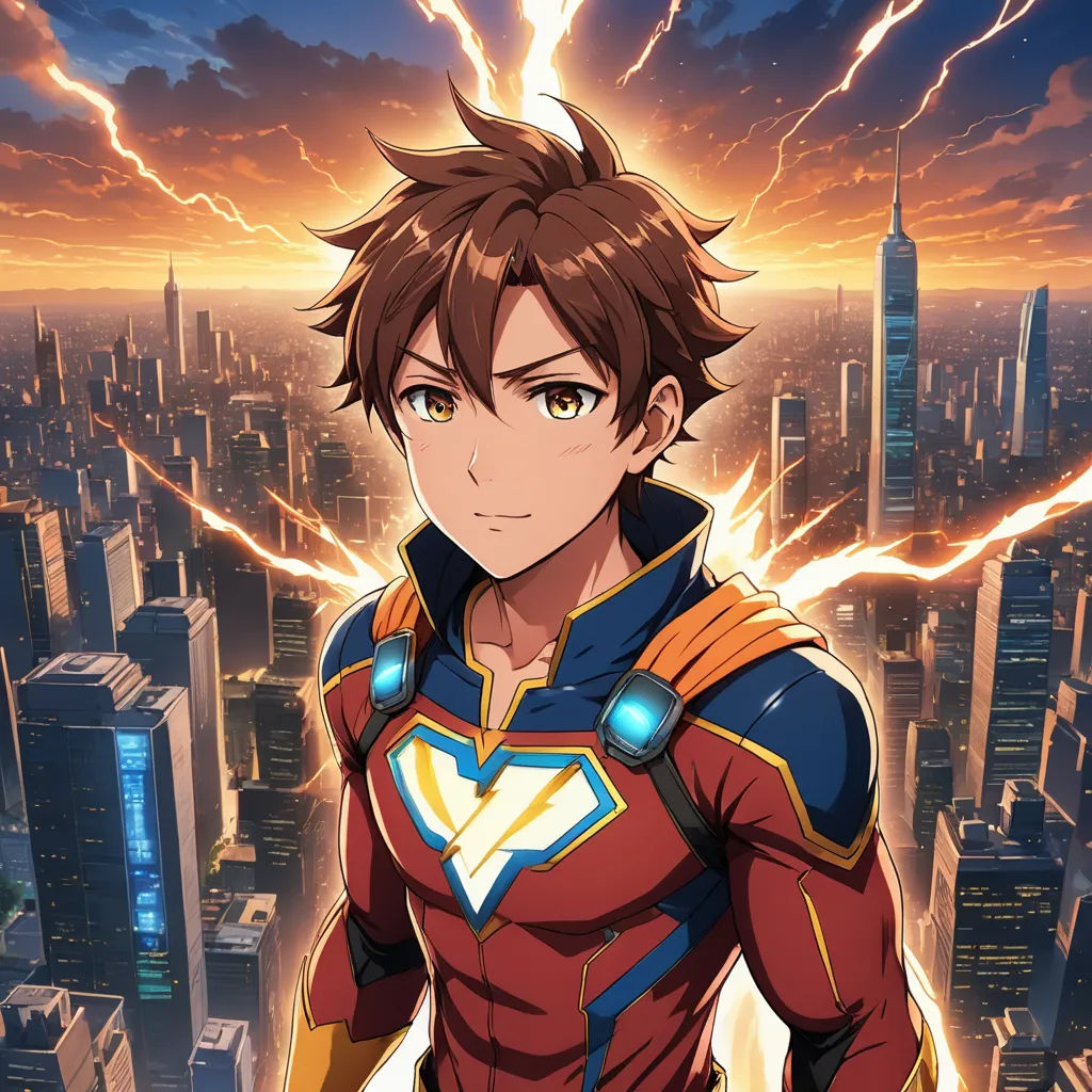 a man in a superman suit standing in front of a city skyline with lightning in the background and a lightning bolt in the sky, rayonism, a character portrait, Adam Manyoki, anime key visual