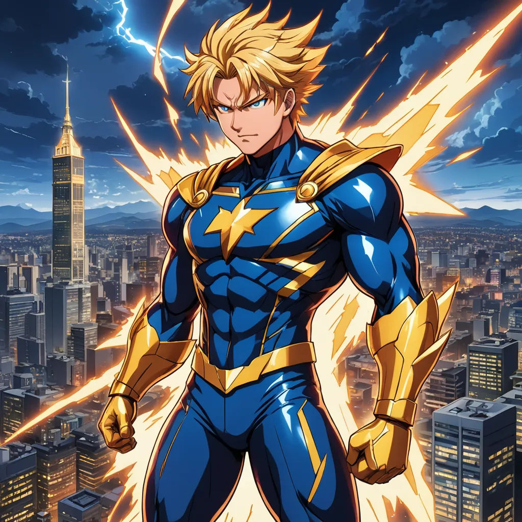 a man in a blue and gold suit with lightning coming out of his chest and his hands are in the air, rayonism, a character portrait, Baiōken Eishun, official art