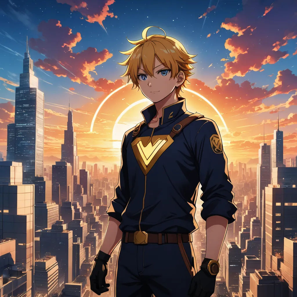 a man in a suit standing in front of a city skyline with a sun in the background and a halo around him, visual art, an album cover, Altichiero, official art