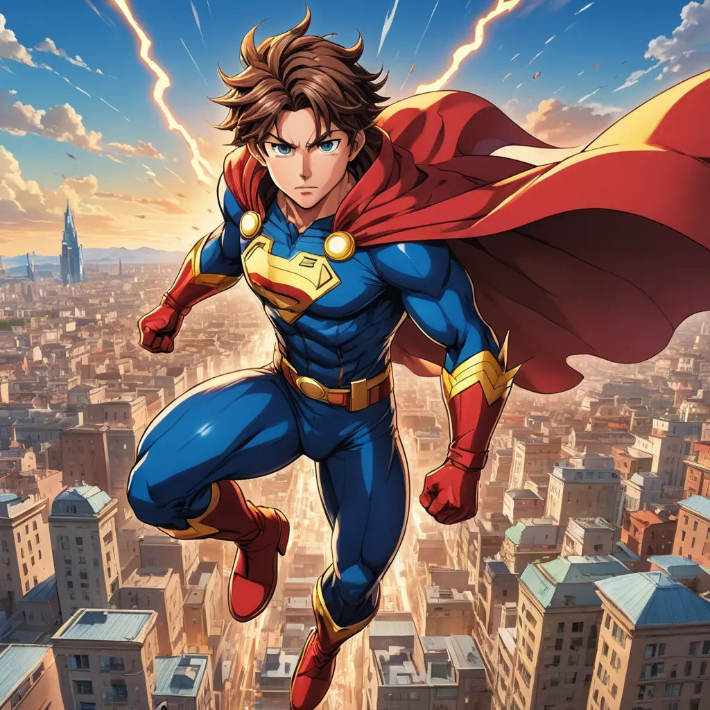 a man in a superman suit flying over a city with a lightning bolt in the background and a cityscape in the foreground, superflat, a comic book panel, Akira Toriyama, official art