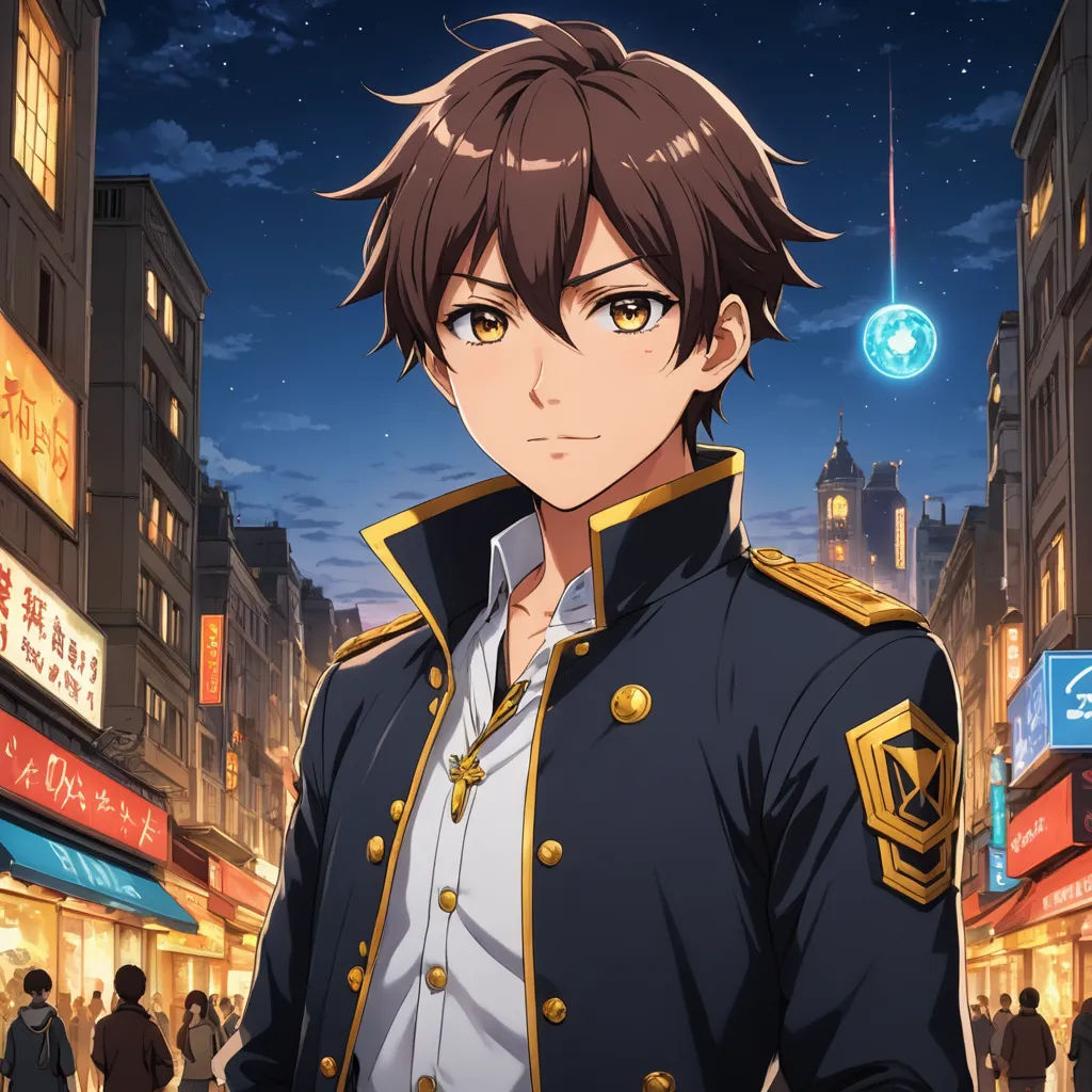 a man in a military uniform standing in a city at night with a full moon in the background and a cityscape in the background, sots art, concept art, Ai-Mitsu, official art