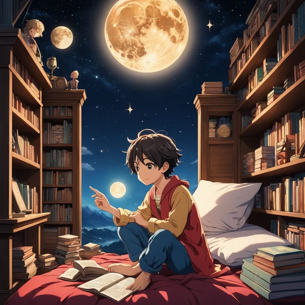 a boy sitting on a bed in front of a book shelf with books and a full moon in the background, fantasy art, a storybook illustration, Arthur Pan, anime key visual