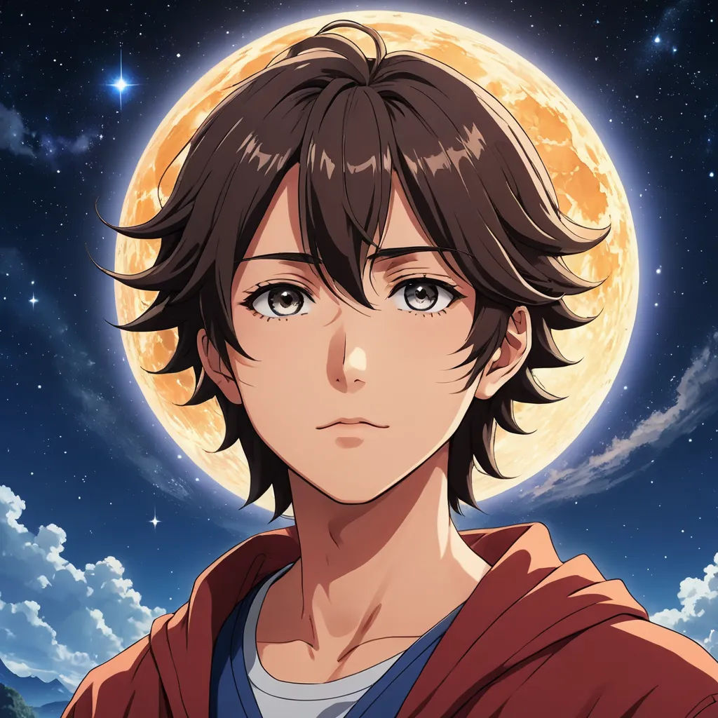 a man with a hoodie on standing in front of a full moon with clouds and stars in the background, serial art, a character portrait, Aguri Uchida, official art
