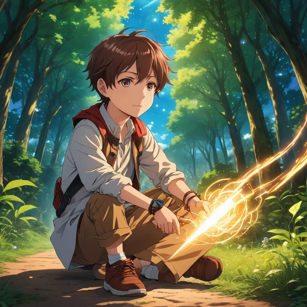 a boy kneeling down in the woods holding a light saber in his hand and a glowing light coming from his hand, rayonism, concept art, Cedric Seaut (Keos Masons), official art