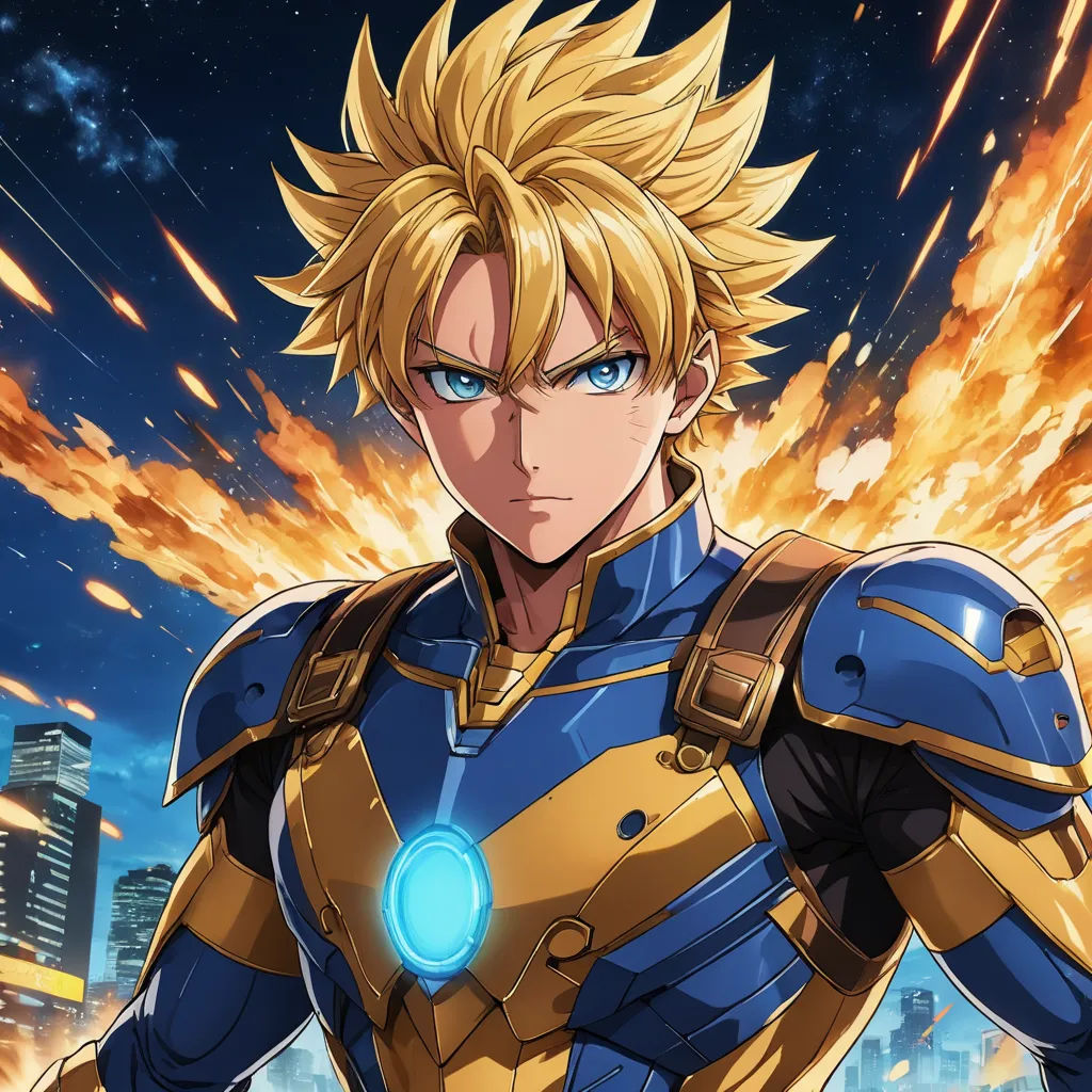 a man in a blue and gold outfit with a blue light in his hand and a city in the background, rayonism, poster art, Ai-Mitsu, official art