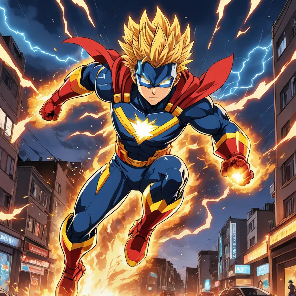 a cartoon character running through a city street with lightning in the background and buildings in the foreground, with a car in the foreground, superflat, a comic book panel, Adam Manyoki, official art