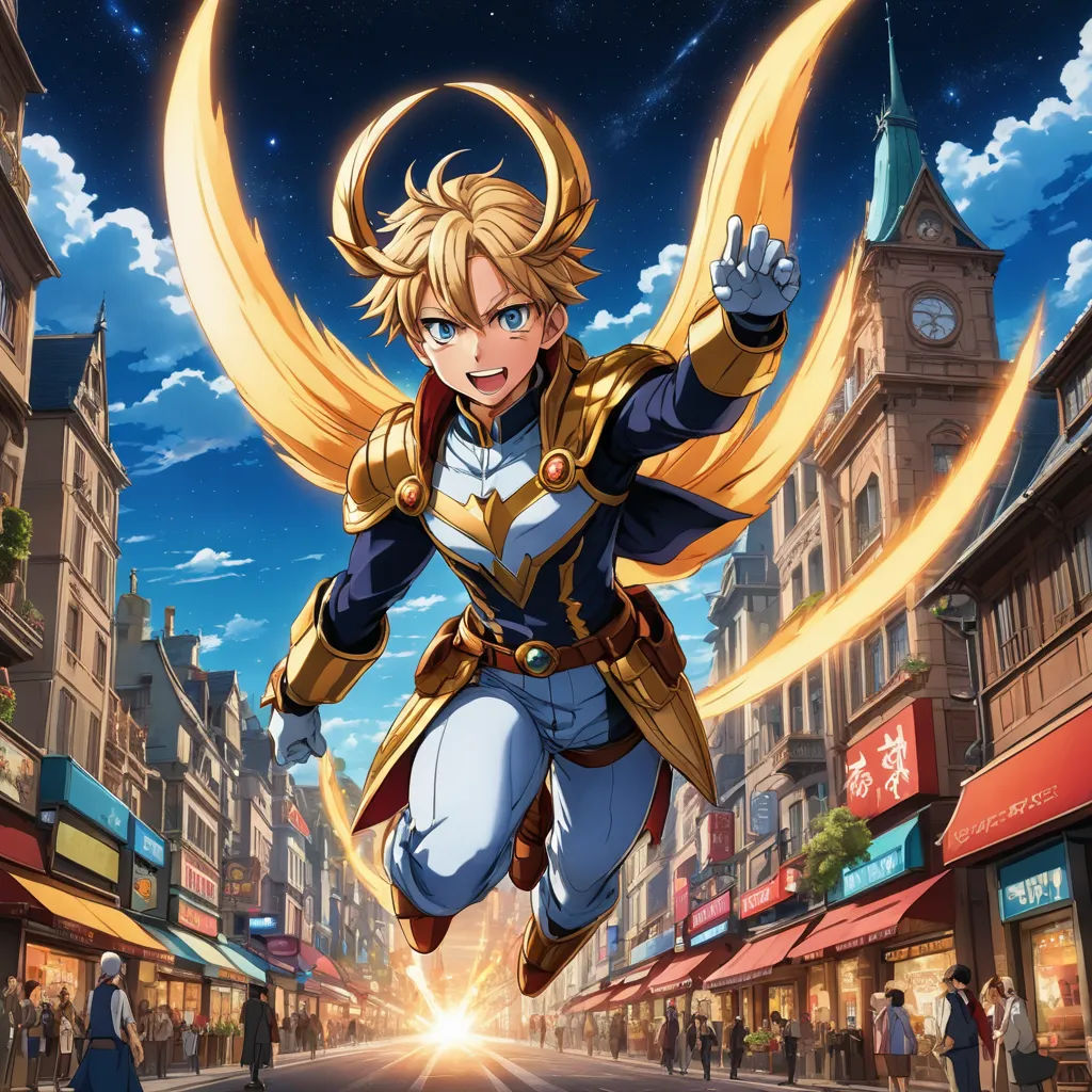 a anime character flying through the air over a city street with buildings and people in the background, with a sky background, rayonism, poster art, Andor Basch, official art