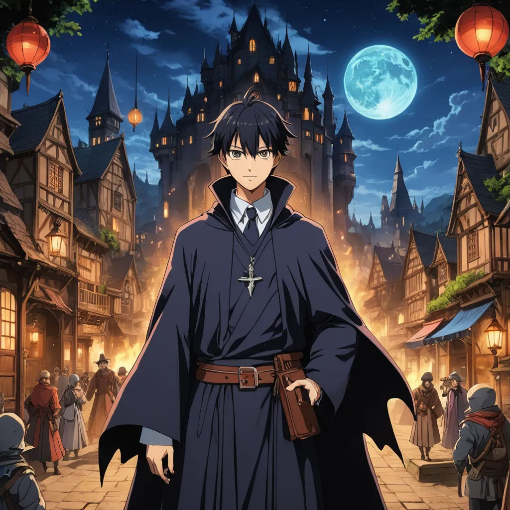 a man in a robe and hat standing in front of a castle with a full moon in the background, rayonism, poster art, Cedric Seaut (Keos Masons), anime key visual