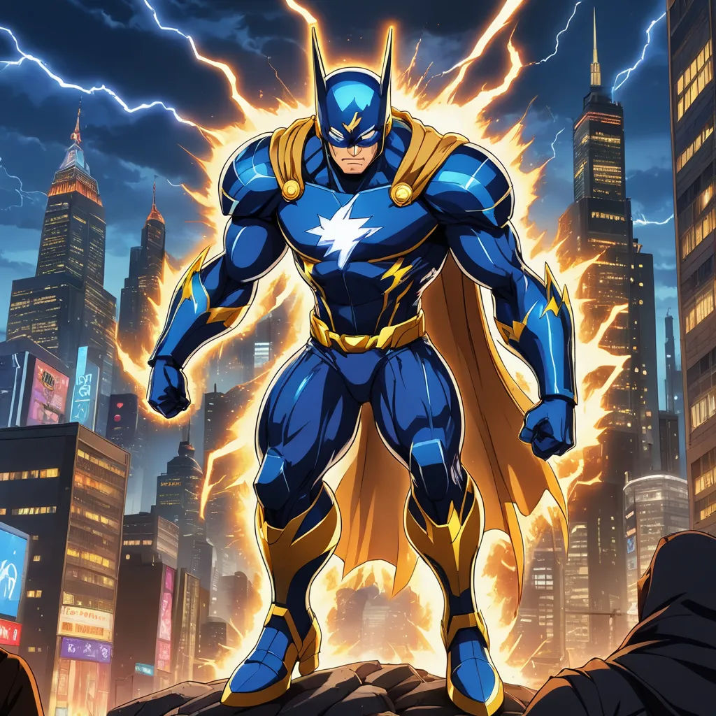 a man in a blue suit standing on a rock in front of a city skyline with lightning coming from his chest, rayonism, a comic book panel, Altichiero, official art