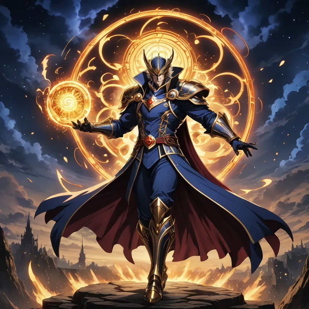 a man in a blue suit with a red cape and a gold ring around his neck and hands, standing on a rock, altermodern, concept art, Alejandro Burdisio, official art