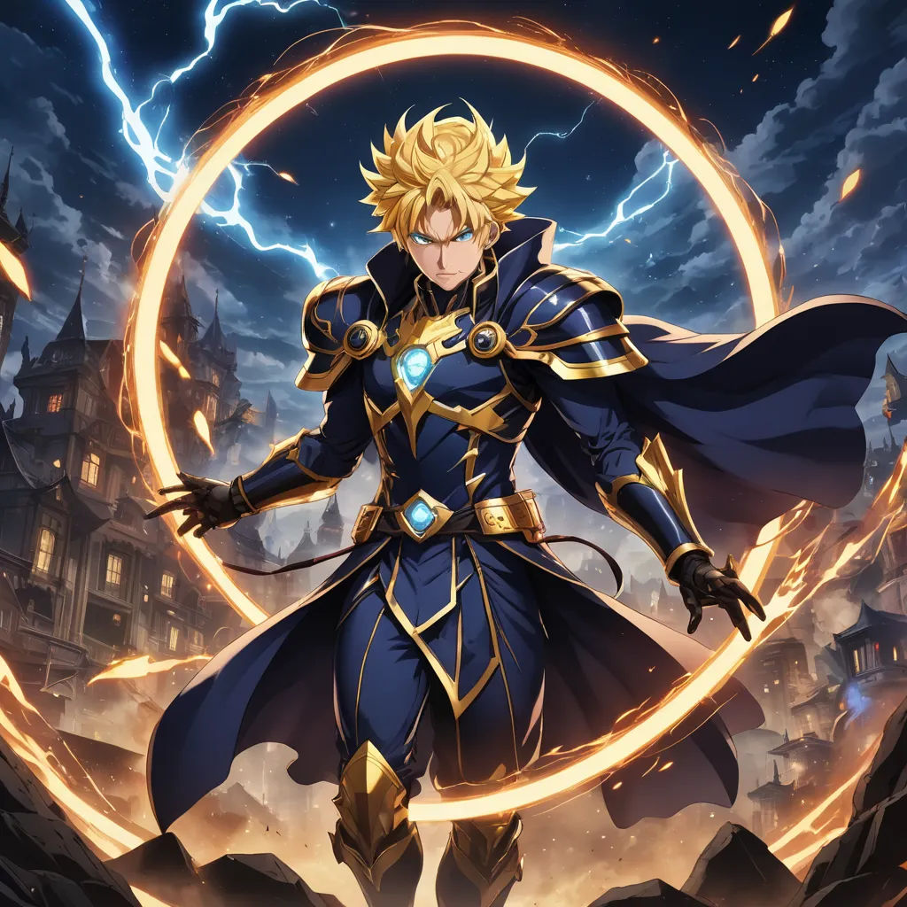 a man in a blue suit with a lightning ring around his neck and his hands on his hips, standing in front of a castle, rayonism, concept art, Epsylon Point, official art