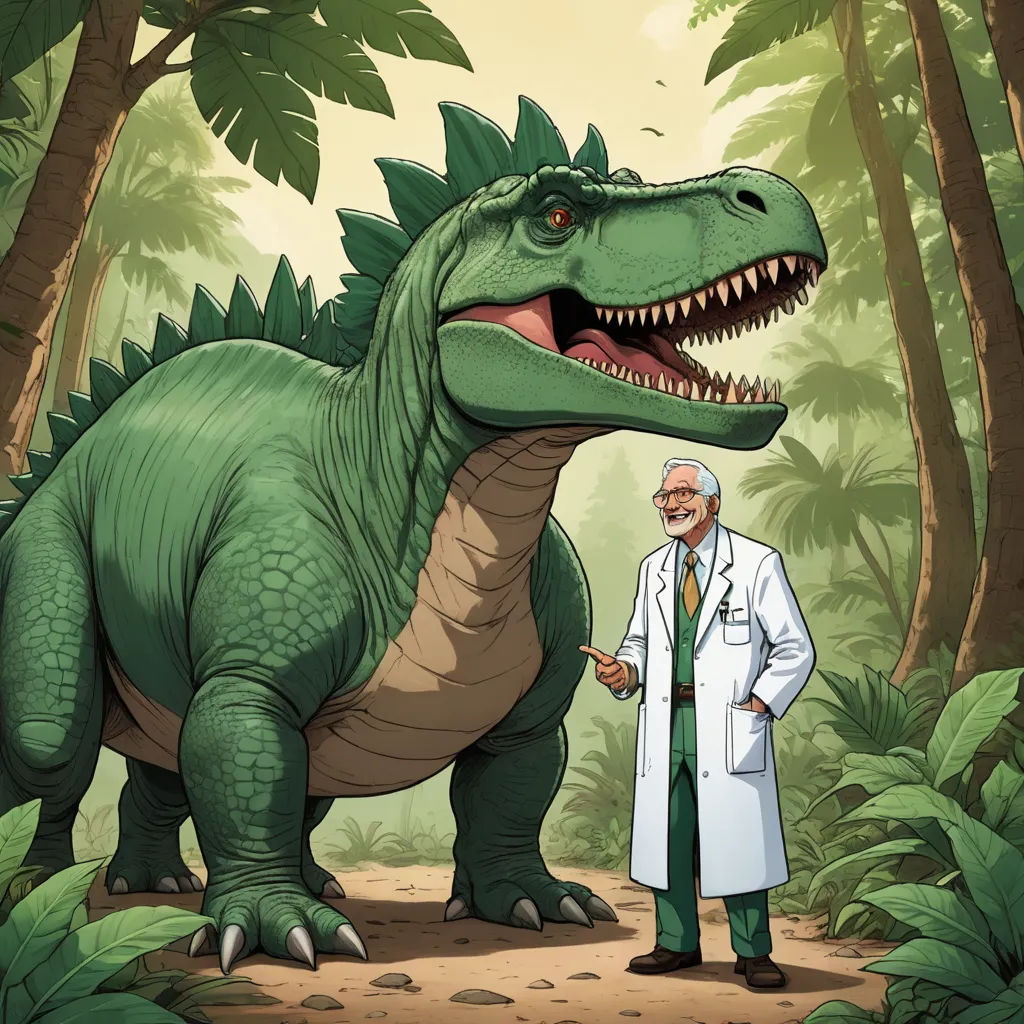 a man in a lab coat standing next to a dinosaur in a forest with a man in a lab coat, sots art, a storybook illustration, Adam Rex, official art
