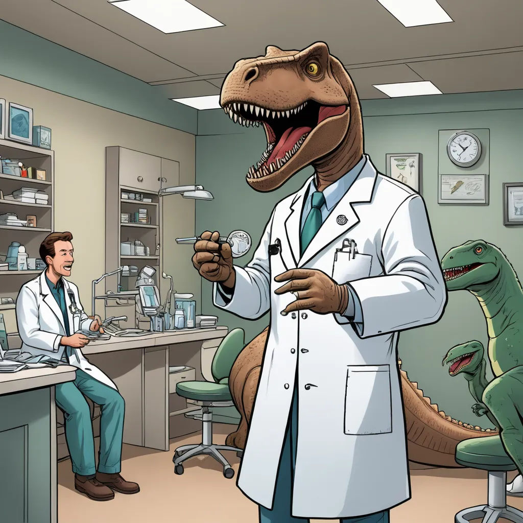 a cartoon of a dinosaur in a lab with a doctor in the background and a dinosaur in the foreground, lyco art, a comic book panel, Adam Rex, comic cover art