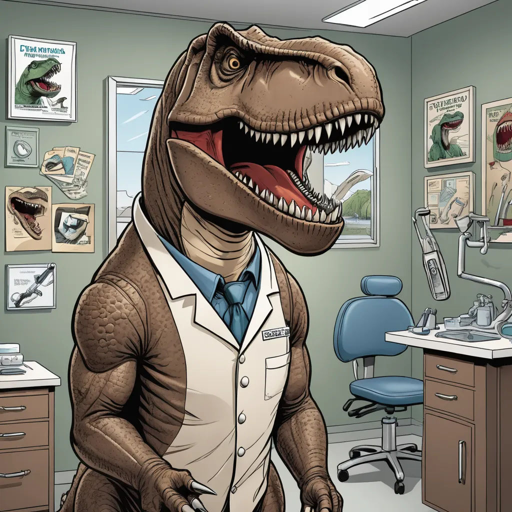 a dinosaur in a dentist's office with a toothbrush in his mouth and a dentist's chair in the background, lyco art, a comic book panel, Adam Rex, comic cover art