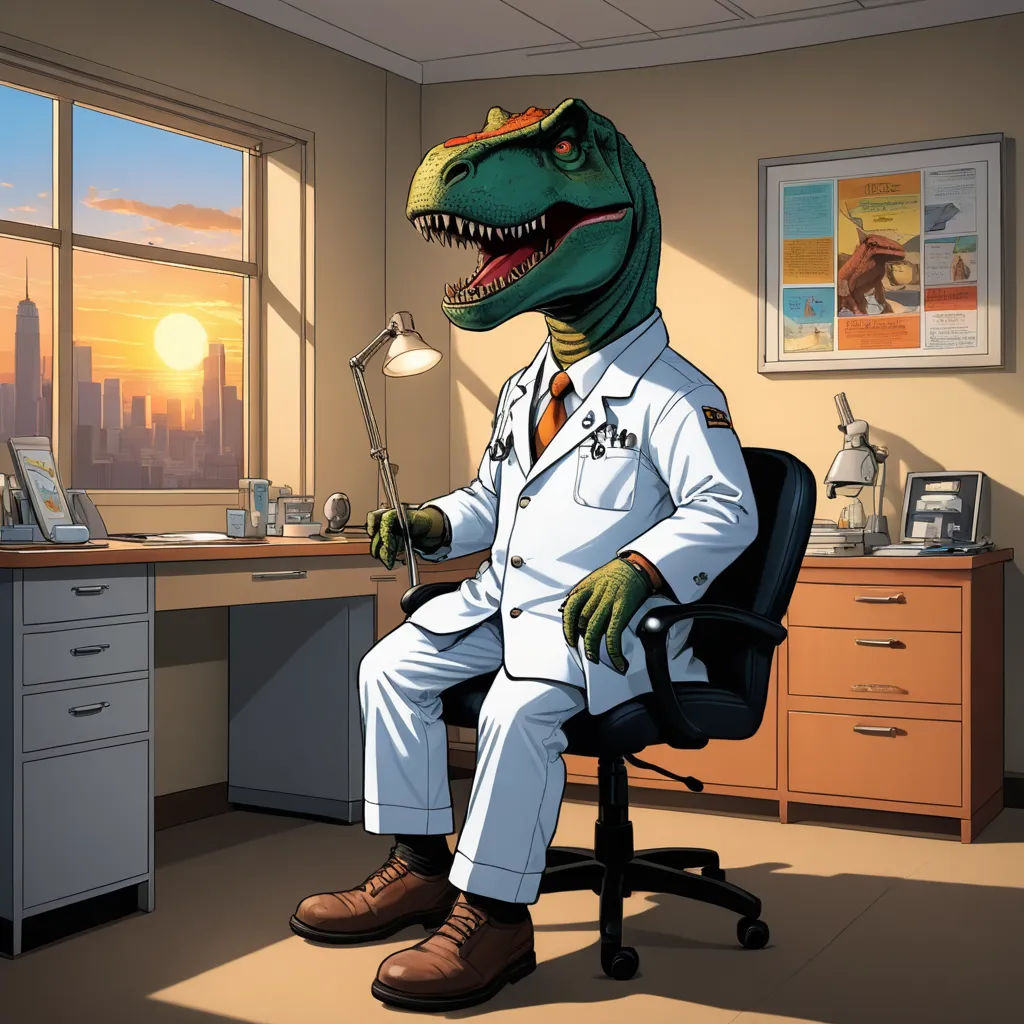 a dinosaur in a lab coat sitting in a chair in a room with a desk and a window with a city view, sots art, a character portrait, Dr. Atl, official art