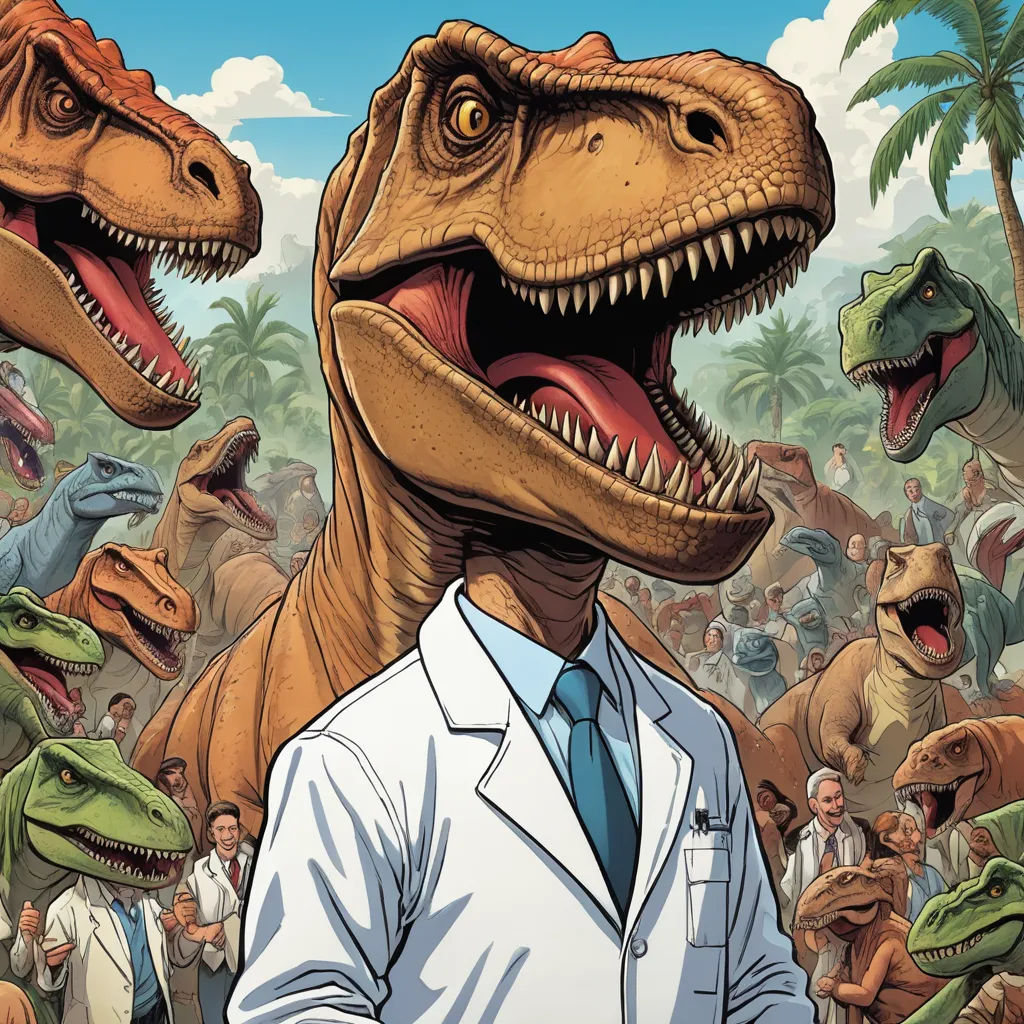 a man in a tie and a dinosaur with a crowd of people behind him in a cartoon style,, academic art, a comic book panel, Adam Rex, comic cover art