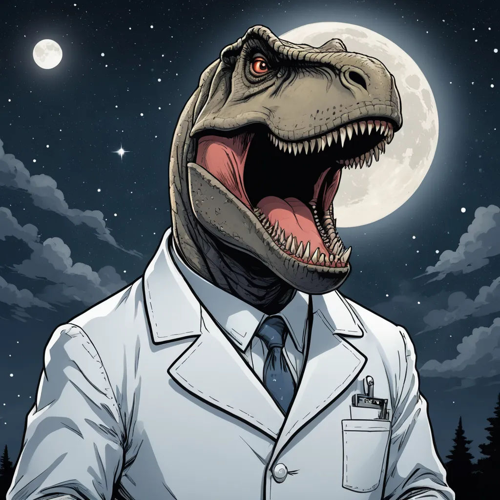 a dinosaur in a suit and tie with a full moon in the background and a full moon in the sky, altermodern, a character portrait, Adam Rex, laurie greasley