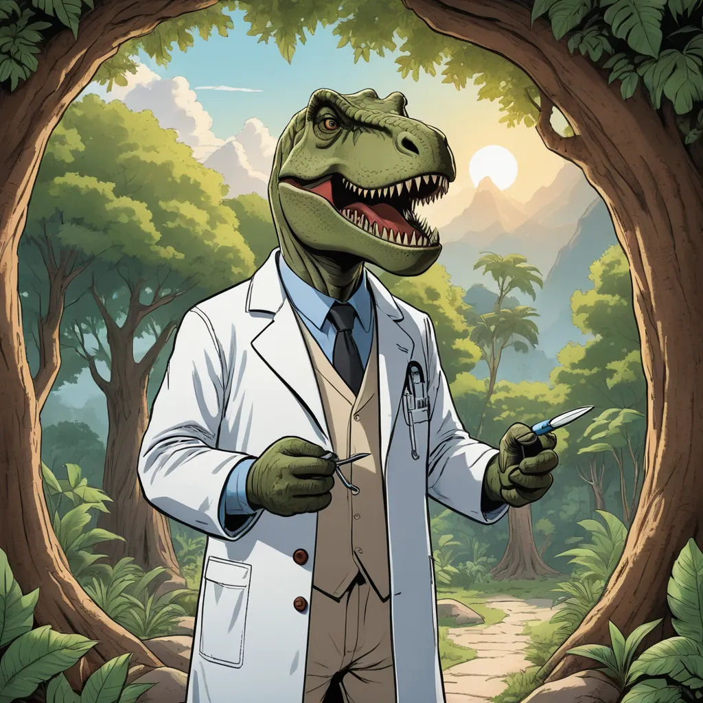 a dinosaur in a lab coat holding a cigarette in a forest with a man in a suit and tie, altermodern, a character portrait, Adam Rex, promotional image