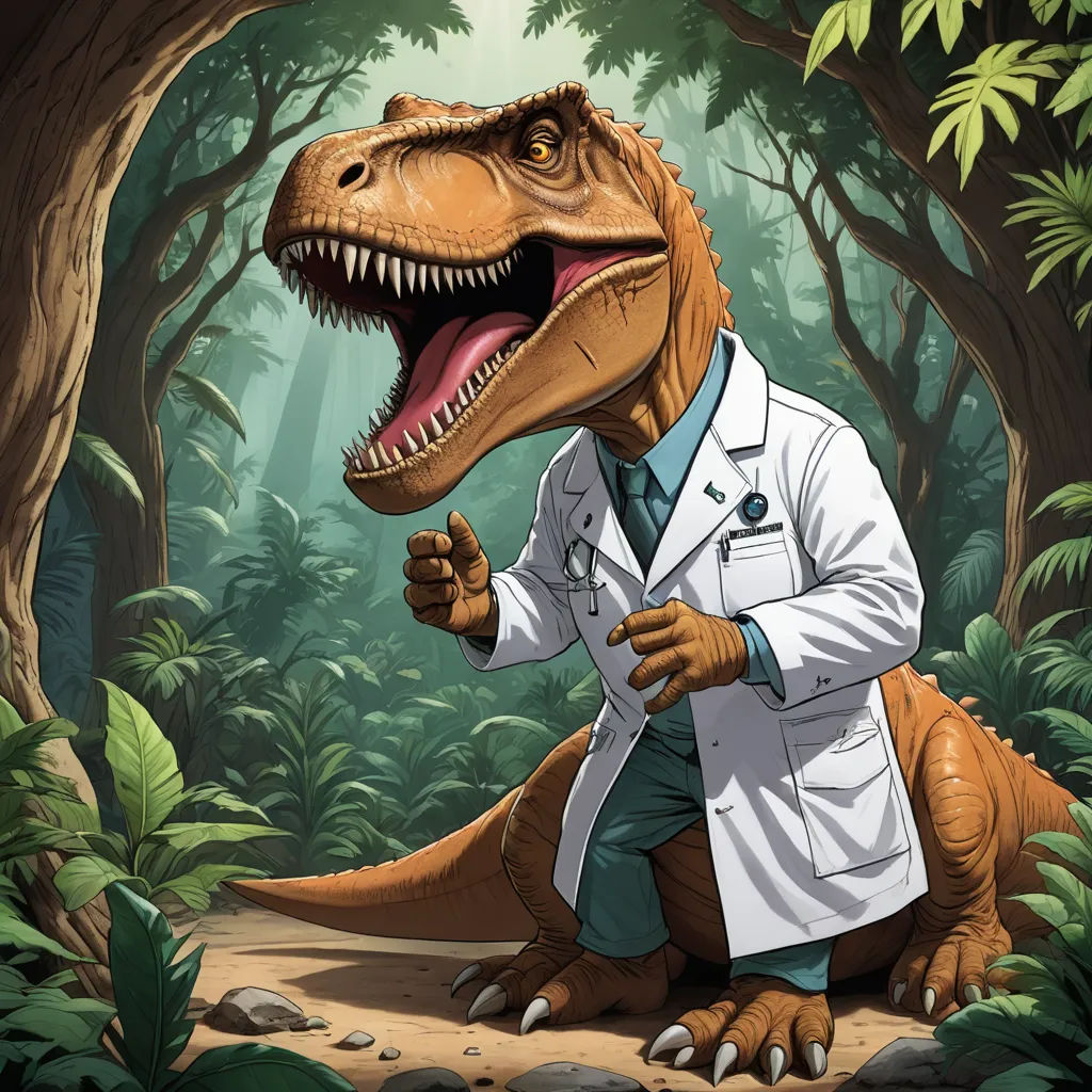 a dinosaur with a doctor coat on in the jungle with a man in a lab coat on his lap, analytical art, a storybook illustration, Adam Rex, official art