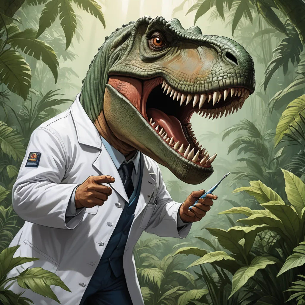 a dinosaur with a tie and a lab coat holding scissors in his hand and a man in a suit with a tie, altermodern, a character portrait, Adam Rex, magic the gathering artwork