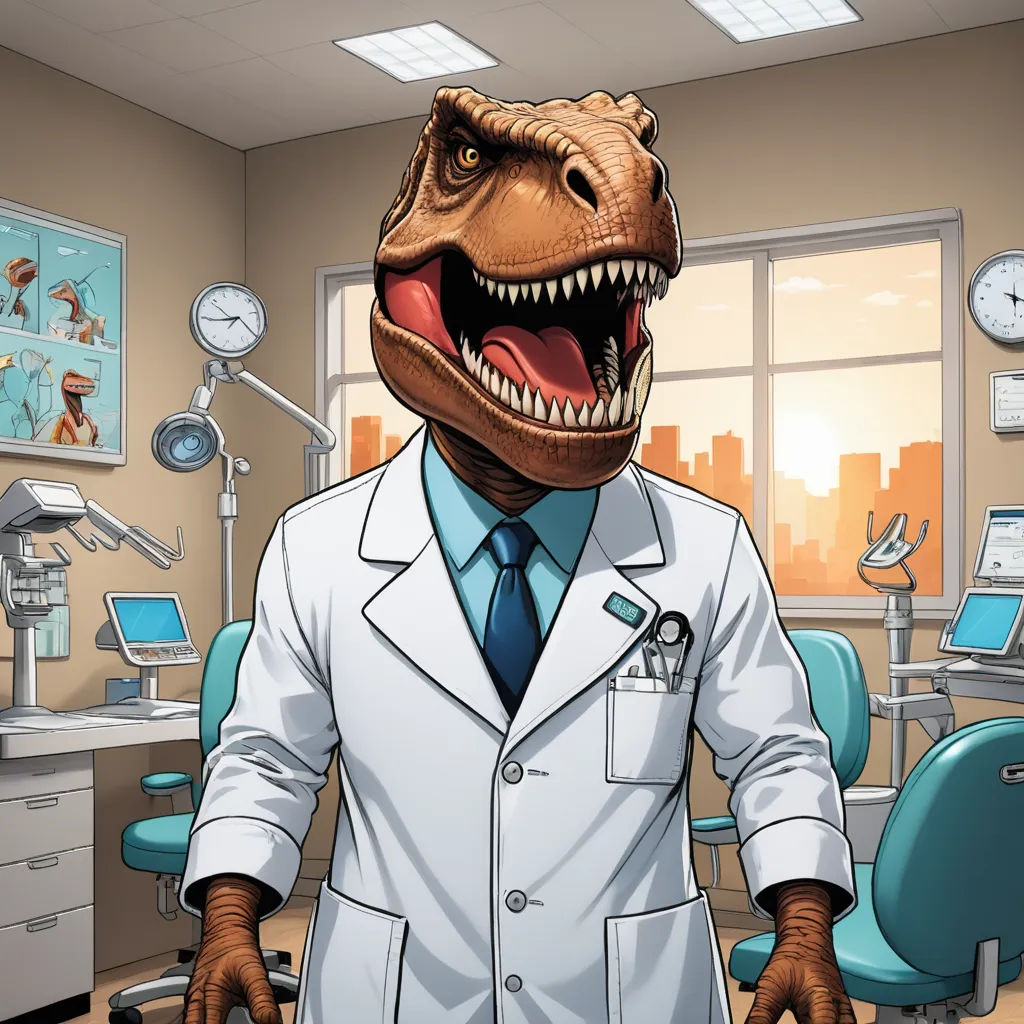 a dinosaur in a lab coat standing in a room with a dentist's chair and a clock on the wall, american scene painting, a comic book panel, Adam Rex, comic cover art