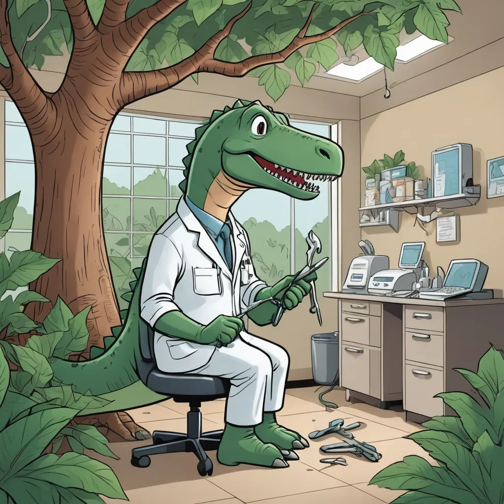 a cartoon of a dinosaur in a lab coat sitting on a chair in front of a tree and a computer, neoplasticism, a storybook illustration, Adam Rex, storybook illustration