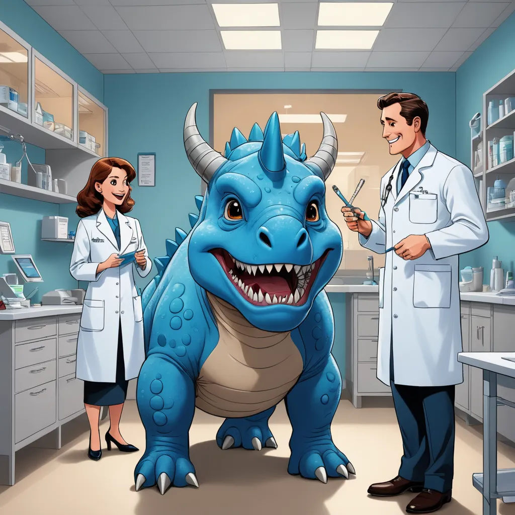 a cartoon of a doctor and a blue dinosaur in a lab with a woman in a white coat and a man in a white lab coat, furry art, a storybook illustration, Adam Rex, storybook illustration