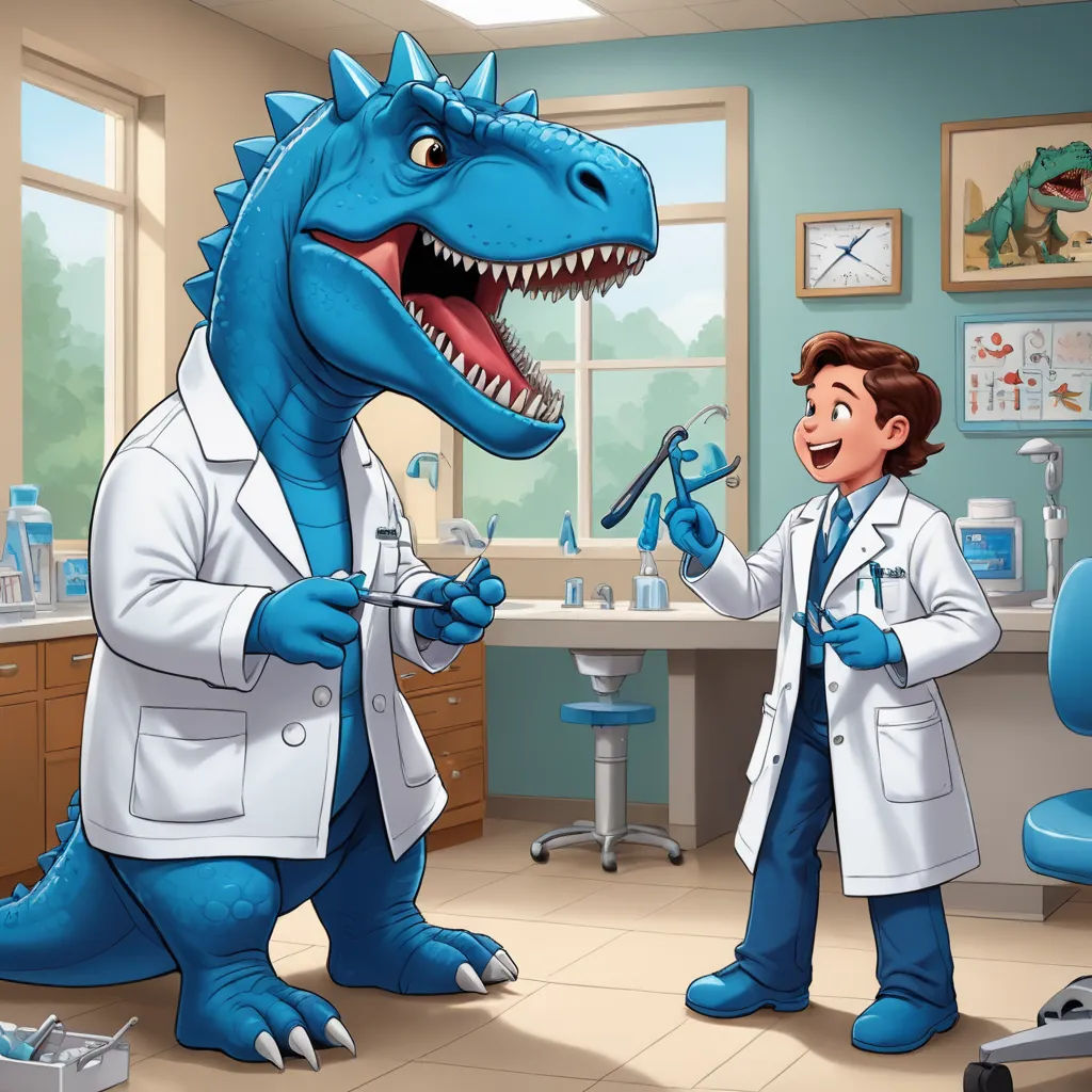a boy in a lab coat is standing next to a dinosaur with a pair of scissors in his hand, sots art, a storybook illustration, Adam Rex, professional digital painting