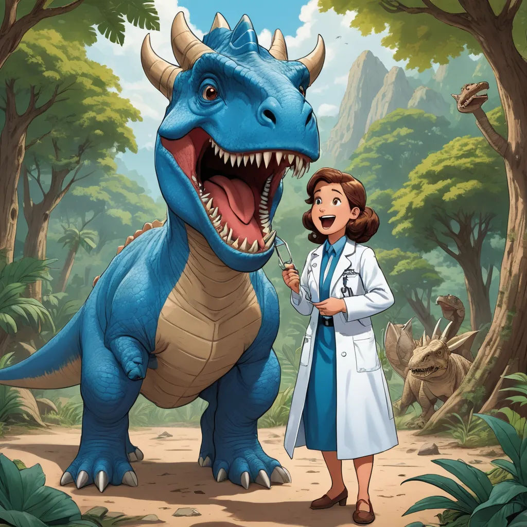 a woman standing next to a dinosaur in a forest with a dinosaur in the background and a woman in a white coat, sots art, a storybook illustration, Adam Rex, official art