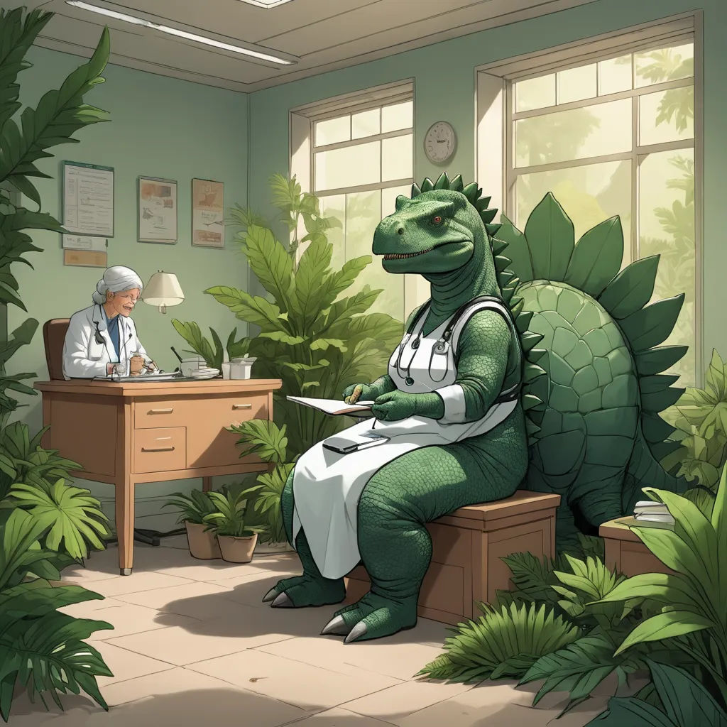 a cartoon of a doctor sitting in a dinosaur chair in a room with plants and a desk with a computer, furry art, a storybook illustration, Adam Rex, furaffinity