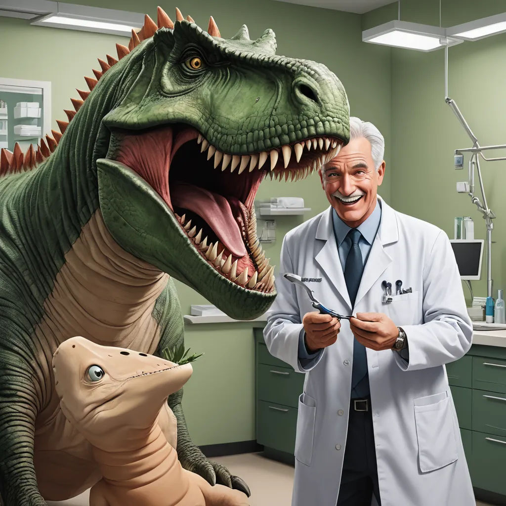 a man in a lab coat standing next to a dinosaur statue in a room with a doctor's coat, photorealism, a storybook illustration, Adam Rex, photoreal