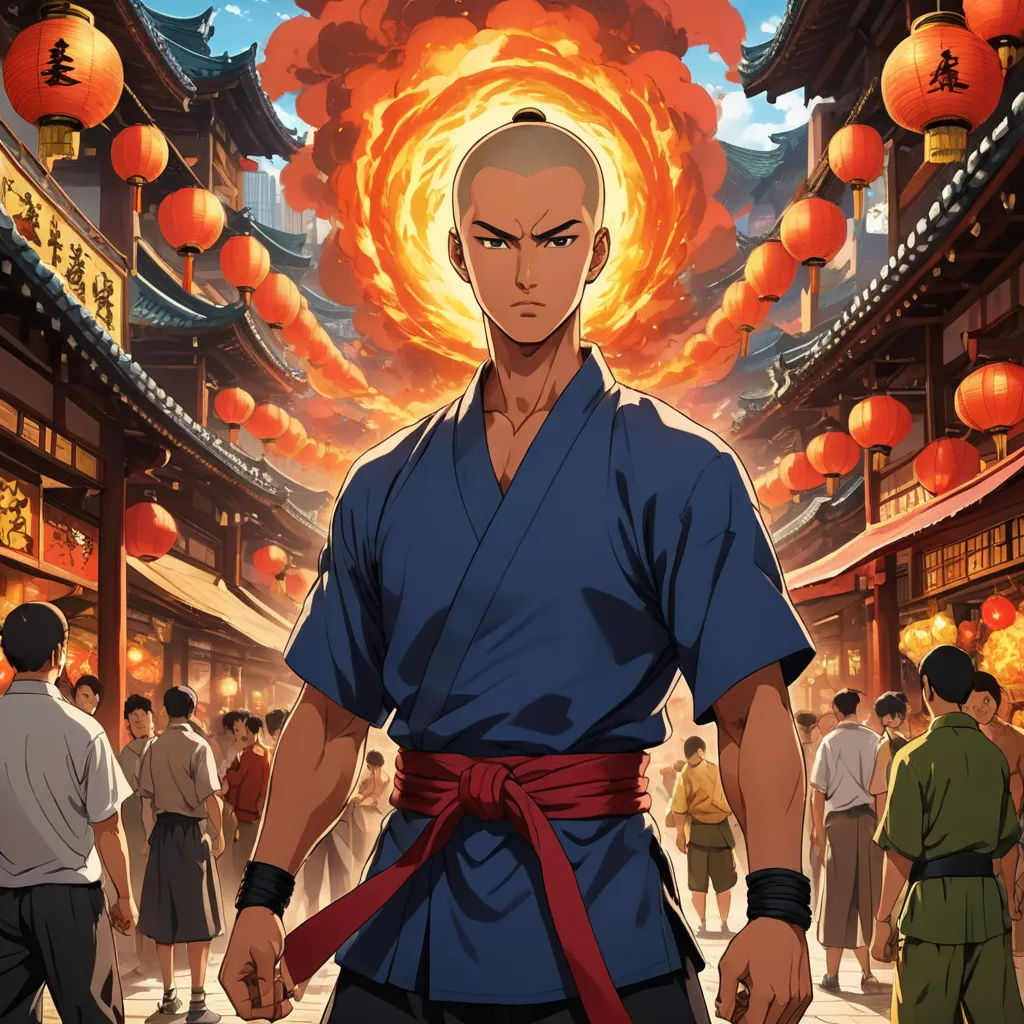 a man in a blue shirt and red belt standing in front of a crowd of people in a chinese temple, cloisonnism, poster art, Baiōken Eishun, official art