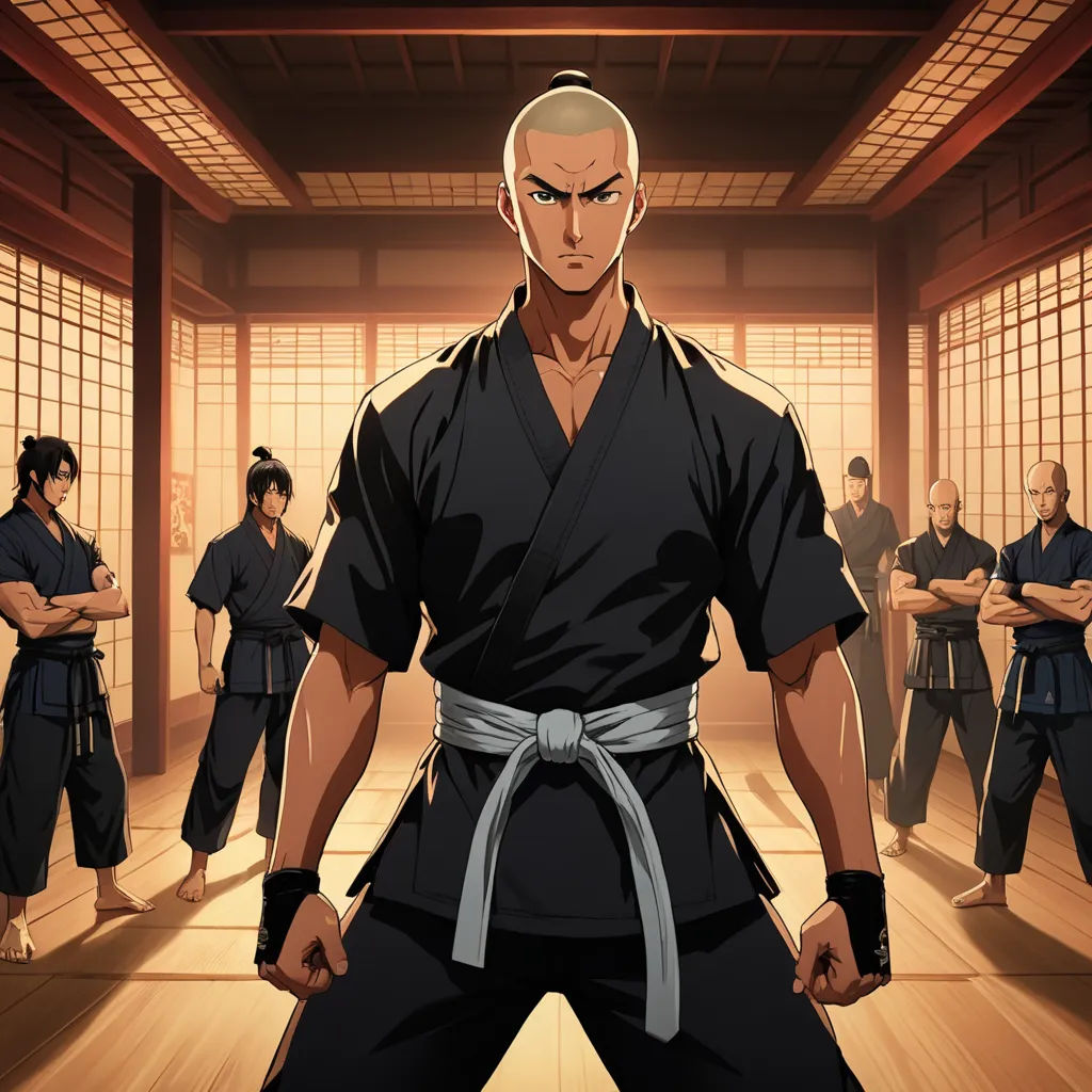 a man in a karate stance with his hands on his hips and others in the background in a room with windows, dau-al-set, a character portrait, Baiōken Eishun, official art