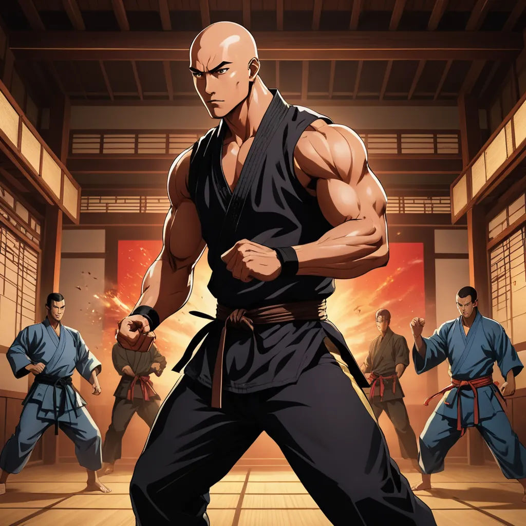 a man in a martial stance with his hands on his hips and two others in the background, with a red light behind him, dau-al-set, concept art, Baiōken Eishun, official art