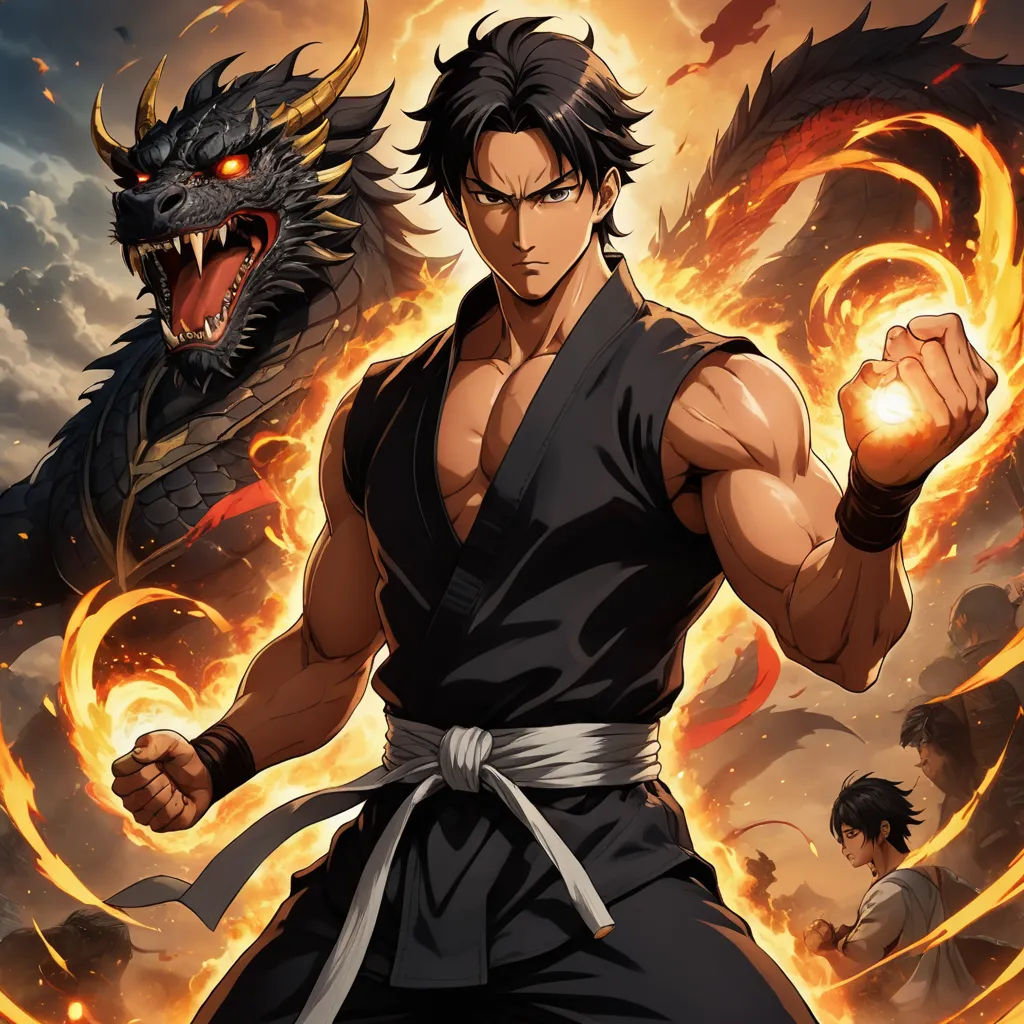a man in a black shirt and a dragon in the background with a red light in his hand and a black dragon in his other hand, dau-al-set, poster art, Baiōken Eishun, official art