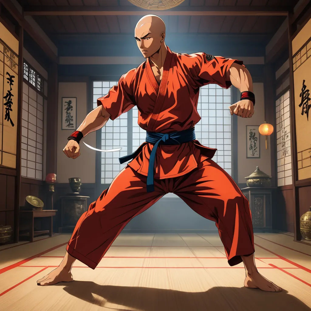 a man in an orange outfit is doing karate moves in a room with a window and a rug on the floor, dau-al-set, concept art, Baiōken Eishun, cel shading