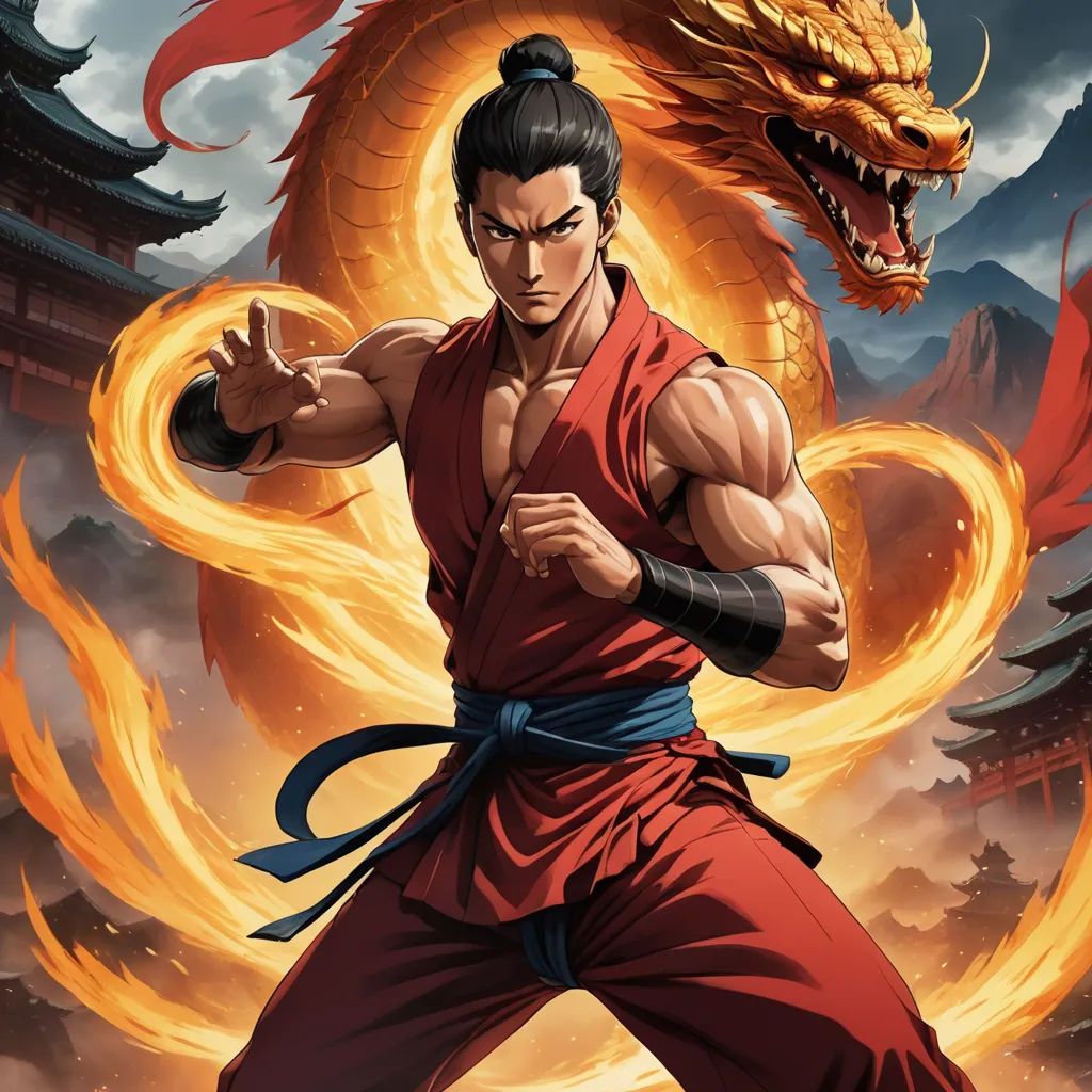 a man in a red shirt is holding a sword and a dragon is in the background with a sky background, dau-al-set, a character portrait, Du Jin, dragon art