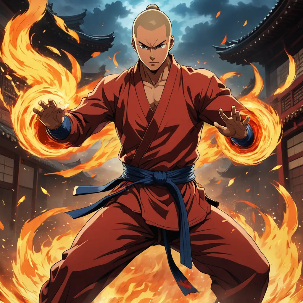 a man in a red kimono is doing karate moves with fire in the background of a building with a sky background, dau-al-set, concept art, Du Jin, official art