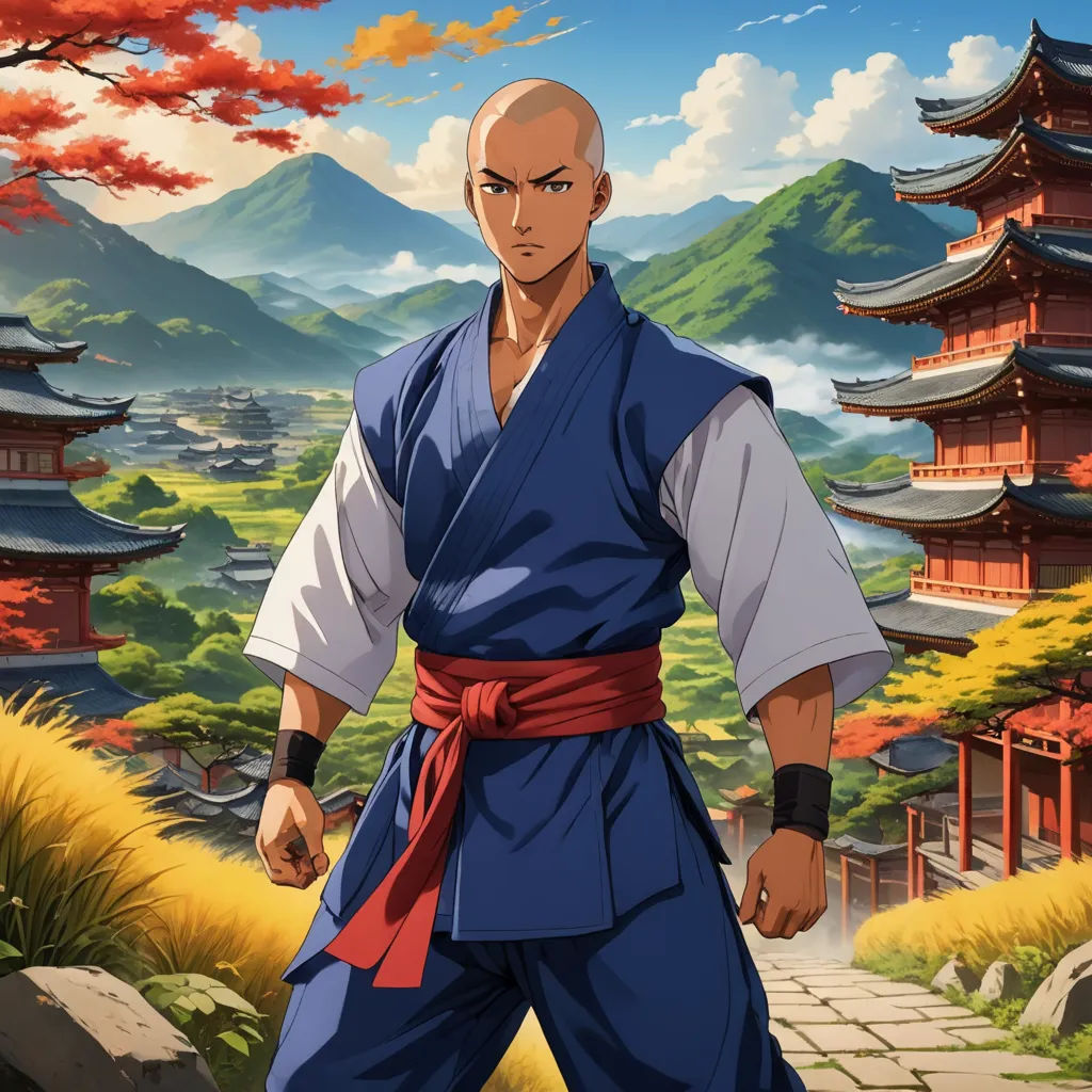 a man in a blue and white outfit standing in front of a pagoda and trees with a red ribbon, sots art, concept art, Baiōken Eishun, official art
